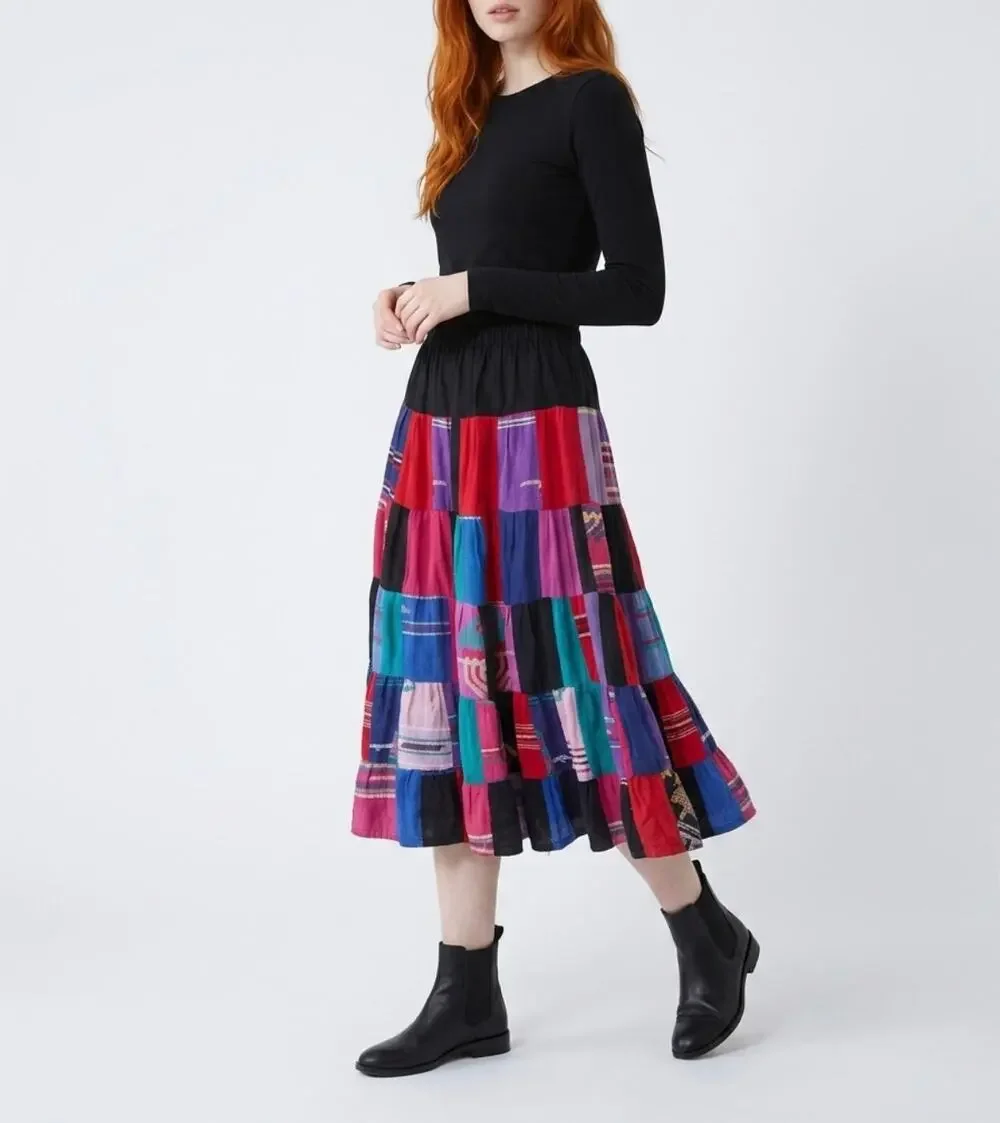 VTG Boho Handmade Upcycled tapestry Patchwork midi Skirt Women’s Guatemalan 60s